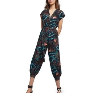 Anthropologie Black Floral Printed Shortsleeved Jumpsuit